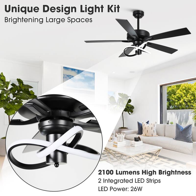 52" Modern Matte Black Reversible Integrated LED Dimmable Ceiling Fan with LED Light and Remote