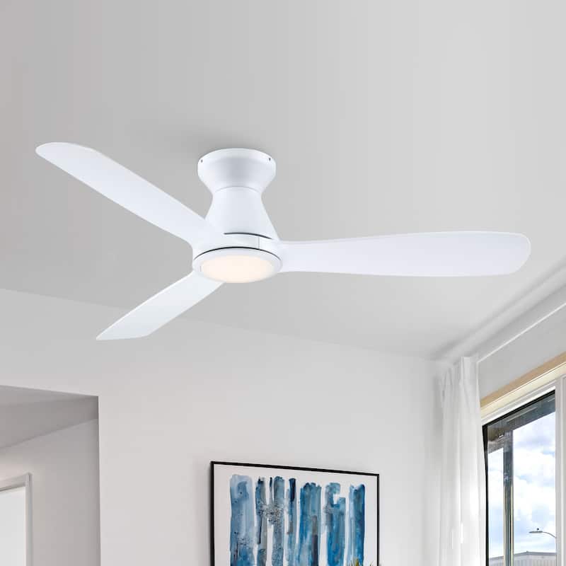 52" White Modern Timer Hugger Flush Mount LED Ceiling Fan with 6-speed DC Motor and Remote - 52 in. D x 52 in. W x 10.8 in. H