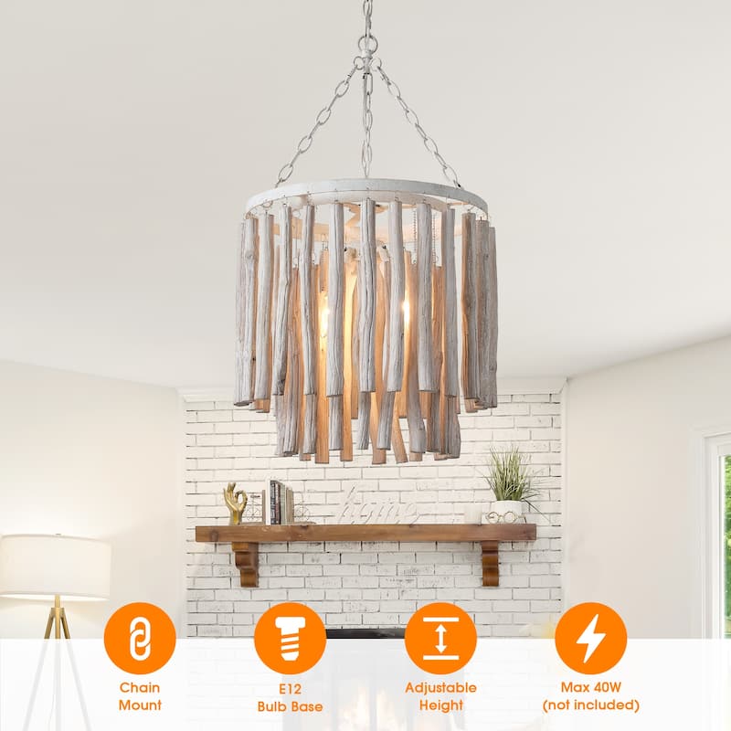 17" 4-Light Coastal 2-Tier Round Fringe White Wood Chandelier - 16.93 " D x 16.93 " W x 29.13" H