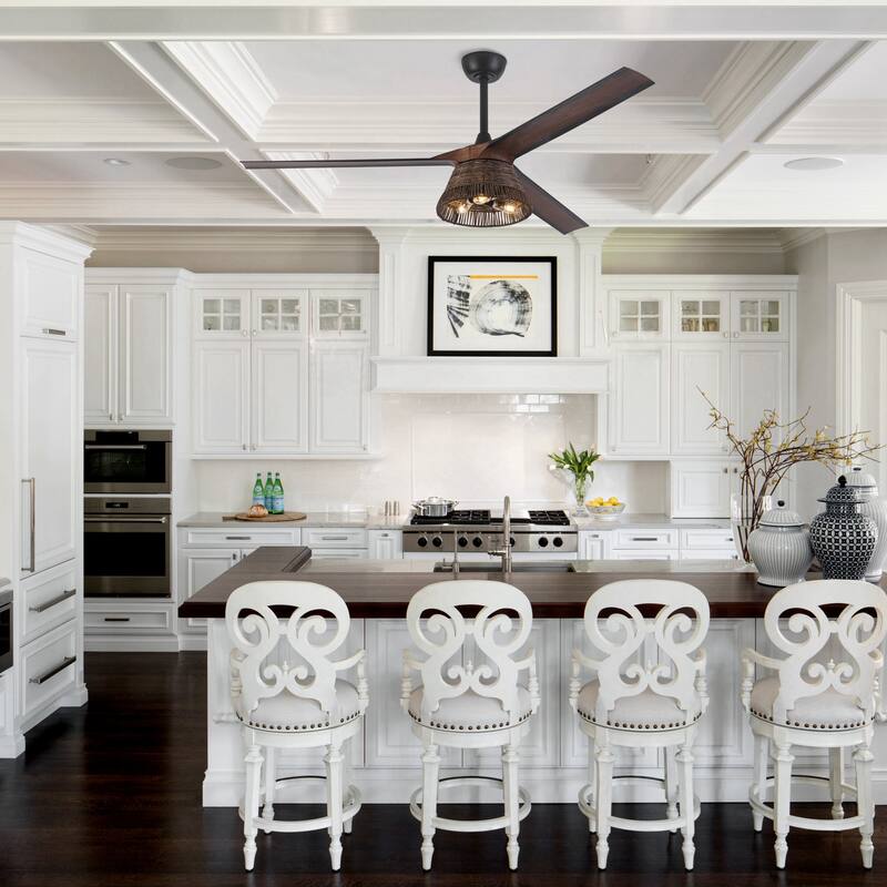 60" Natural Rattan Brown Ceiling Fan with Light Kit and Remote Control - 60 in. D x 60 in. W x 15.7 in. H