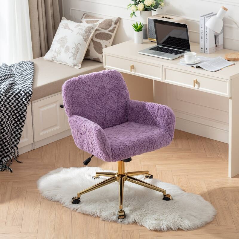 Roomfitters Faux Fur Office Chair, Adjustable Swivel Desk Chair with Gold Metal Base, Modern Vanity Accent Chair