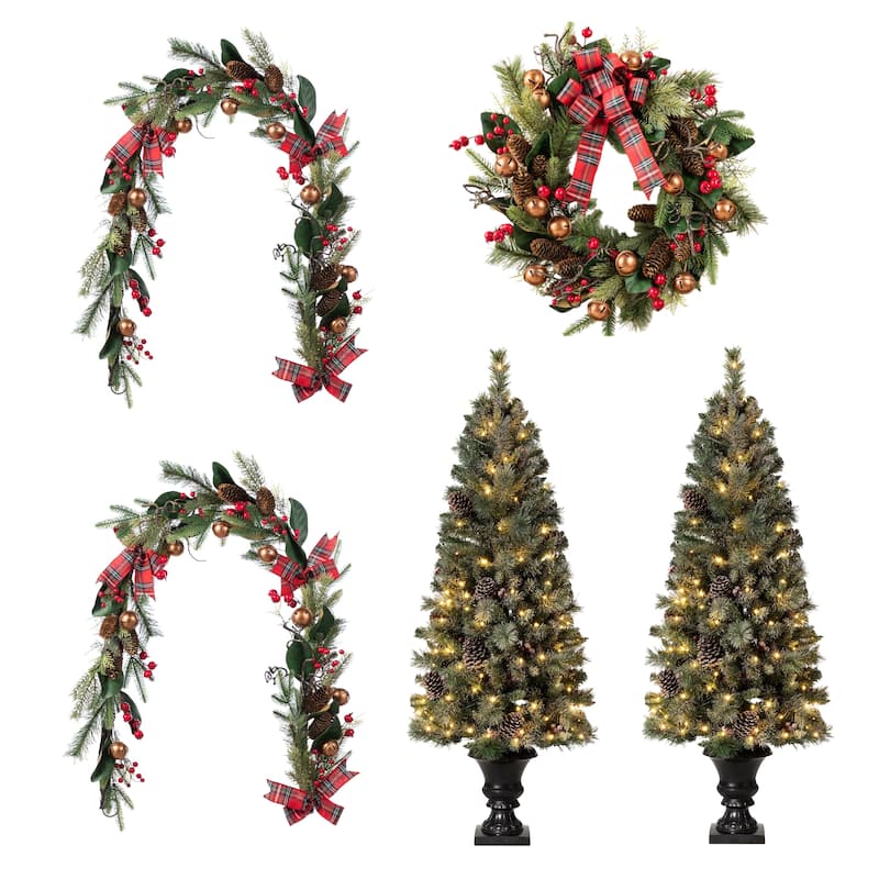 Glitzhome 4/5ft Pre-Lit Snow Flocked Christmas Tree in Pot, Berry Bow Wreath and Garland Set Xmas Decor - 5PK-5ftTrees&Garlands&Wreath