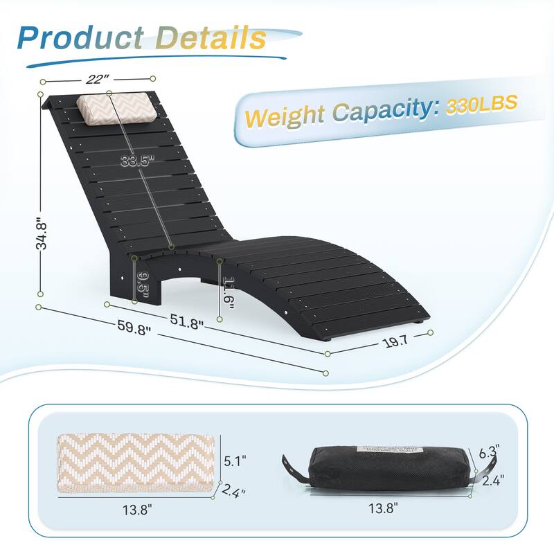 Outdoor Chaise Lounge Chair Set of 2, Patio Lounge Chairs for Outside, HDPE Lounge Chair - 59.8"L x 22"W x 34.8"H