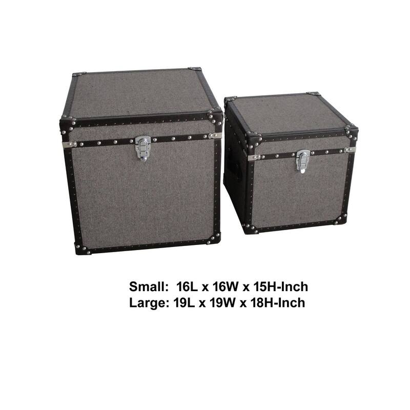 Fabric Upholstered Square Trunk with Nailhead Details, Gray, Set of 2