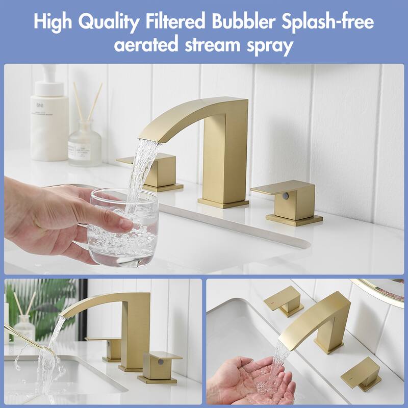 Brushed Gold Dual Handle 3 Holes Waterfall Bathroom Faucet