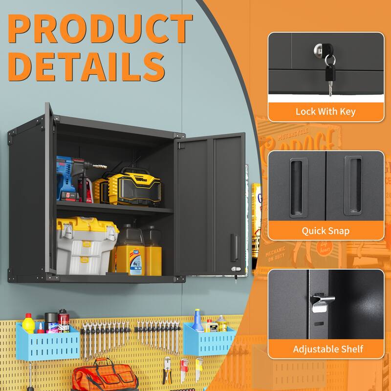Dark Grey Alloy Steel Wall Cabinet Storage with Locking Door and Adjustable Shelf for Garage - 31.50”L x 11.81”W x 30.31”H