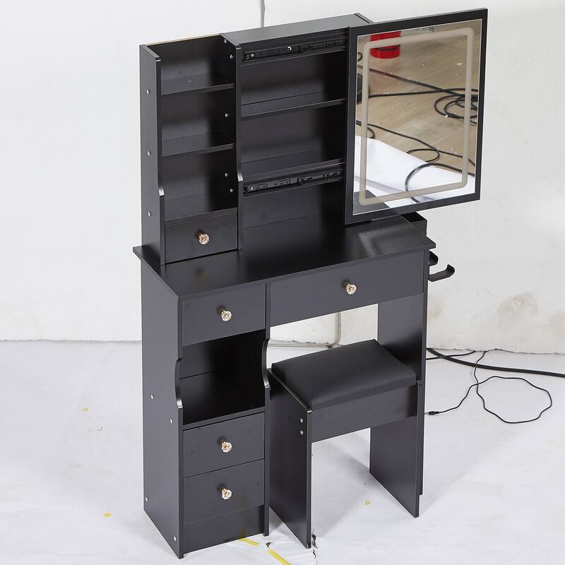 29.2" Small Size Left Drawer Desktop Vanity Table + Cushioned Stool, 2 AC+2 USB Power Station, Hair dryer bracket