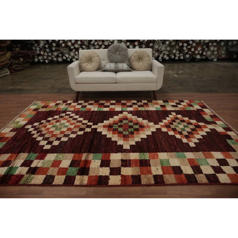 Hand Knotted Oriental 100% Wool Carpet Modern Geometric Red Moroccan Area Rug - 9' 11'' X 7' 0''