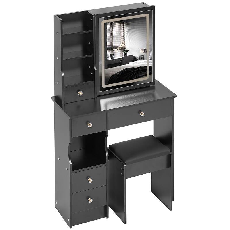 29.2" Small Size Left Drawer Desktop Vanity Table + Cushioned Stool, Large Sliding, Touch Control, Tri-color Switching
