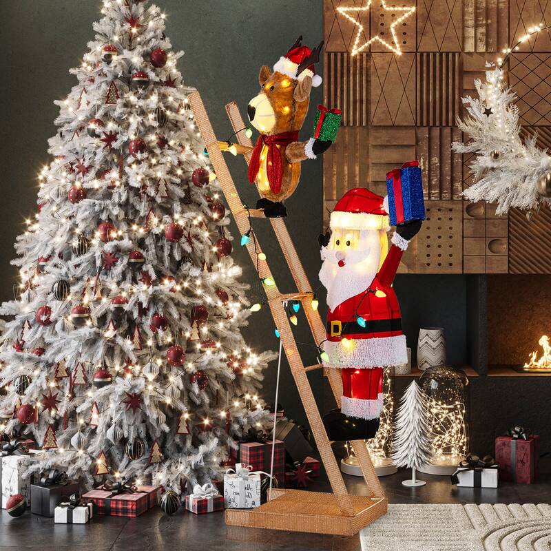 Costway 5.5 FT Lighted Reindeer & Santa Claus on Ladder with 100 LED - as pic shows - See Details