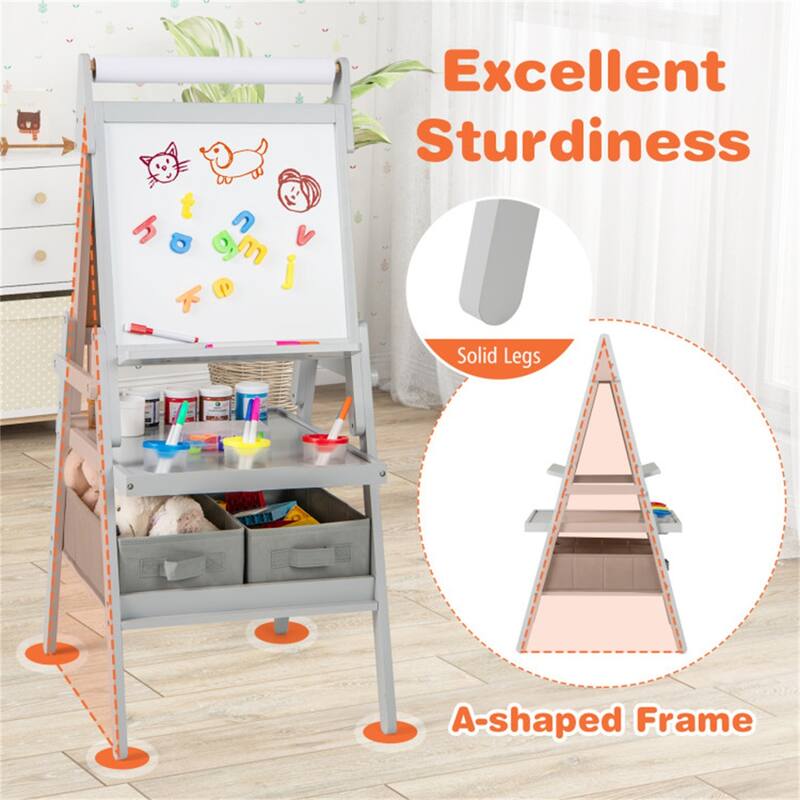 3-in-1 Magnetic Kids Art Easel with Chalkboard, Whiteboard, Paper Roll & Storage Bins - 21.5" x 18" x 40"