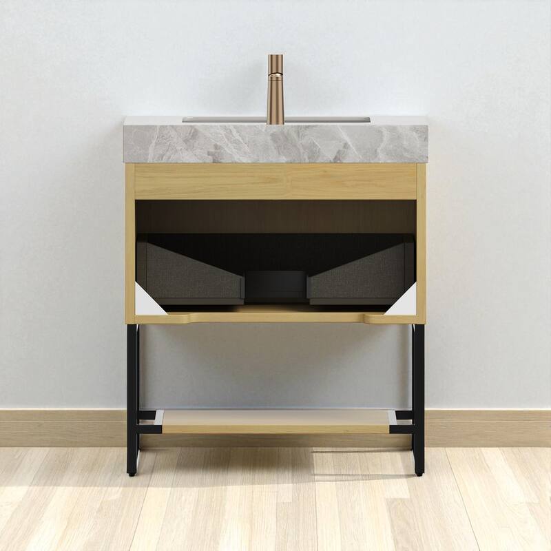 30" Freestanding Bathroom Vanity with Undermount Ceramic Sink Sintered Stone Top Drawer and Open Shelf