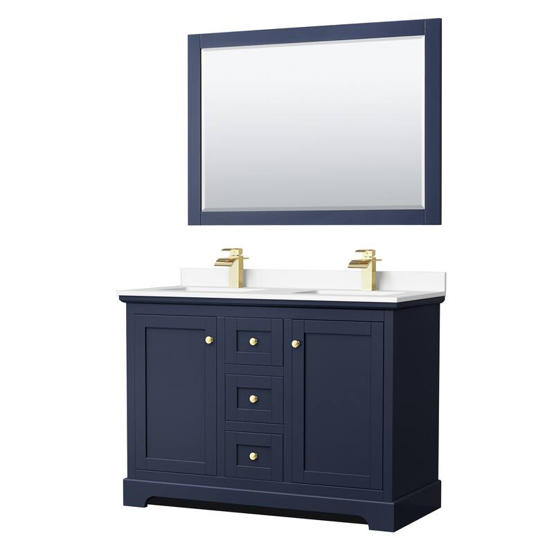 Wyndham Collection Avery 48" Free Standing Double Basin Vanity Set - Dark Blue / White Cultured Marble Top / Brushed