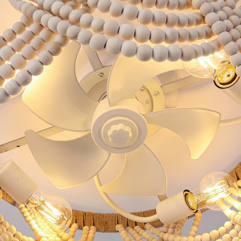 20" Smart Bohemian Wood Bead Beige Ceiling Fan with Remote and Light and APP Control - 19.7" D x 19.7" W x 10.1" H