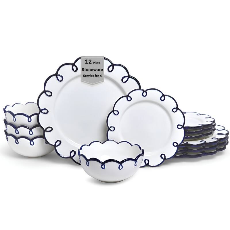 Sango Splash of Cheers 12-Piece Earthenware Dinnerware Set for 4-White with Navy Blue Scalloped Rims