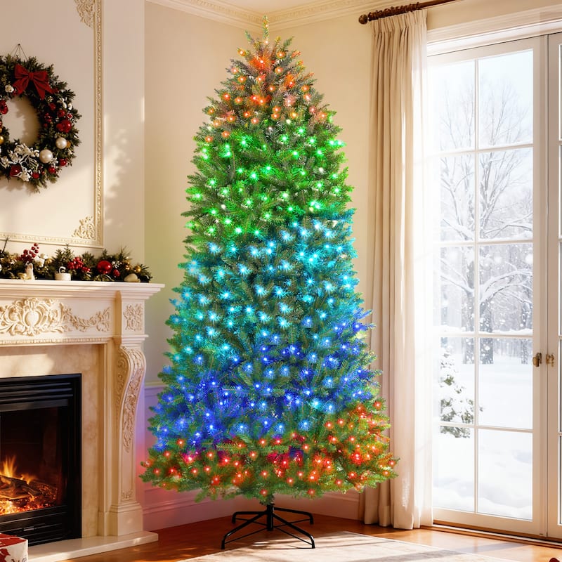 HOMCOM 9ft Smart Prelit Xmas Tree: Full-Spectrum RGB, App/Remote, Hinged, Easy Assembly, Green