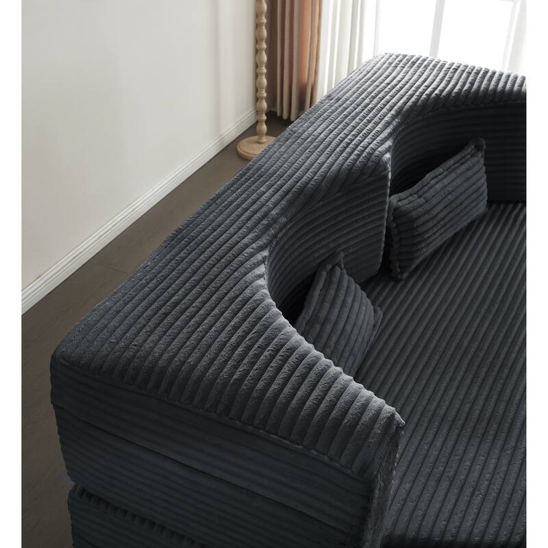 Modern Floor Sofa with 2 Pillows,Convertible Plush Corduroy Foam-Filled Sleeper Sofa Bed,15" Full Size Folding Mattress