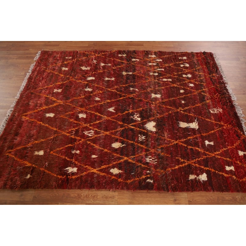 Hand Knotted Oriental 100% Wool Carpet Modern Geometric Red Moroccan Area Rug - 6' 4'' X 5' 0''