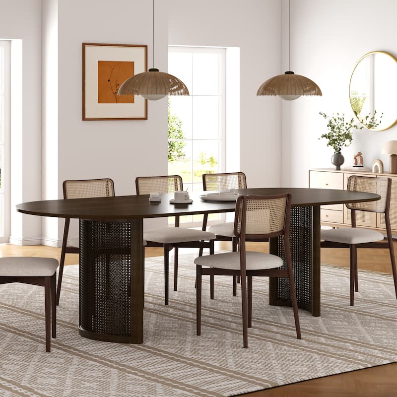 Oval Dining Table with Arc-Shaped Edge Top and Rattan Woven Base Modern Farmhouse Kitchen Table for Living Room Dining Room