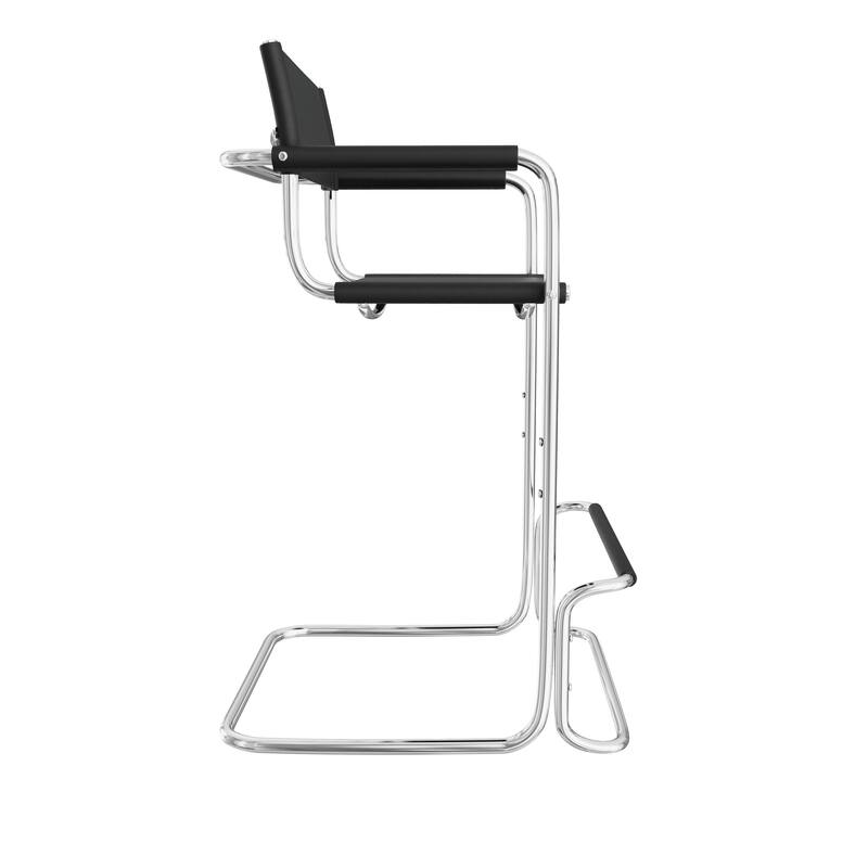 HomeRoots 30" Black and Silver Leather and Steel Bar Height Bar Chair