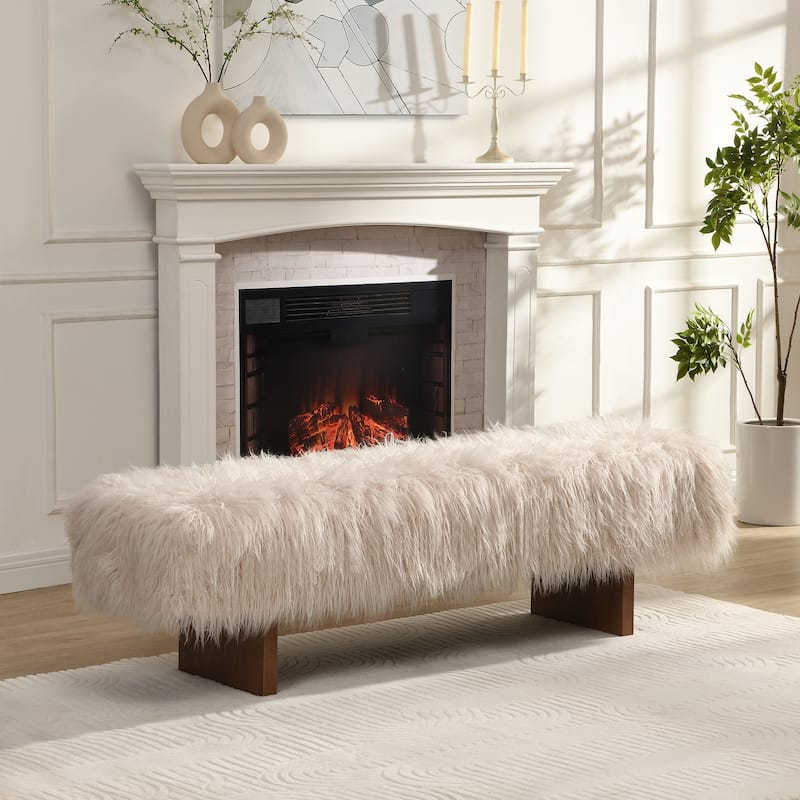 Christopher Knight Home - Ashton Modern Solid Wood Bench with Long-Haired Faux Wool Upholstery. - Brown+White.