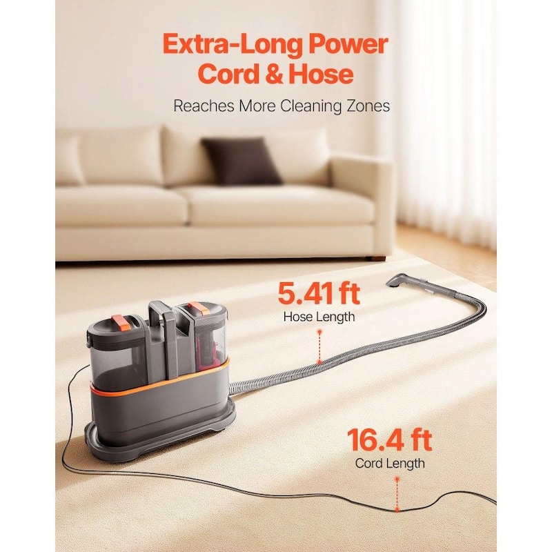 Portable Carpet Cleaner Machine with Powerful 450W Suction and Dual Tank Crevice Tool - 15.16” x 7.48” x 12.91”