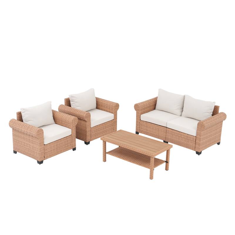 Outdoor PE Rattan Sofa and Coffee Table Set of 4