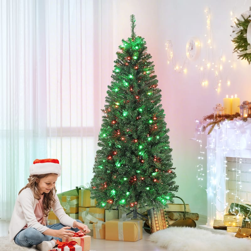 HOMCOM 5ft Prelit Xmas Tree: Colorful LED, Remote, 12 Modes, Timer, Slim Fir, Green - 5 Foot