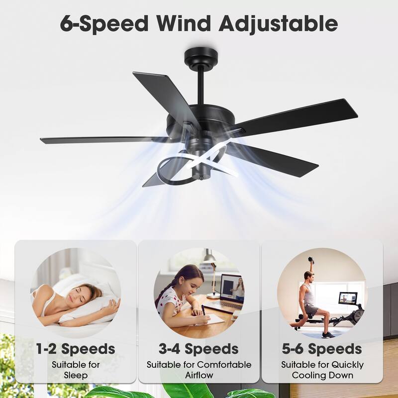 52" Modern Matte Black Reversible Integrated LED Dimmable Ceiling Fan with LED Light and Remote