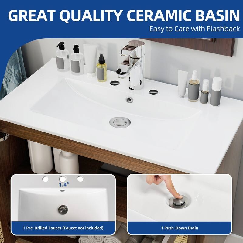 Moasis 24" Bathroom Vanity with Ceramic Sink, Rattan Double Door Cabinet and Drawer, Freestanding Solid Wood Legs