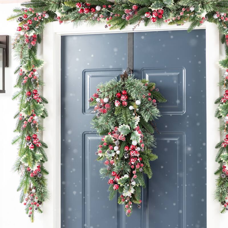 Glitzhome Christmas Berry Bow Pinecone Bell Holy Leaf Teardrop Swag Xmas Wreath