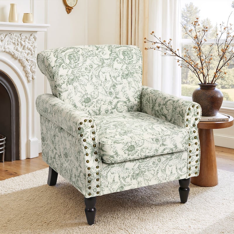 Mid-Century Modern Accent Chairs with Nailhead Trim - Linen - Rococo Green