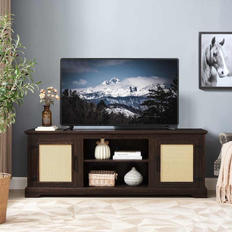 Farmhouse Rattan TV Stand Console Table for TVs up to 70 Inches, TV Console Table with 2 Storage Shelves