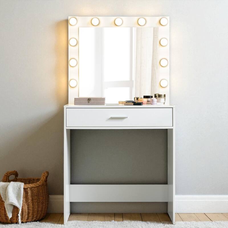 Makeup Vanity Desk with Mirror and LED Lights, Large Drawer, Adjustable Brightness and Storage Shelf - White