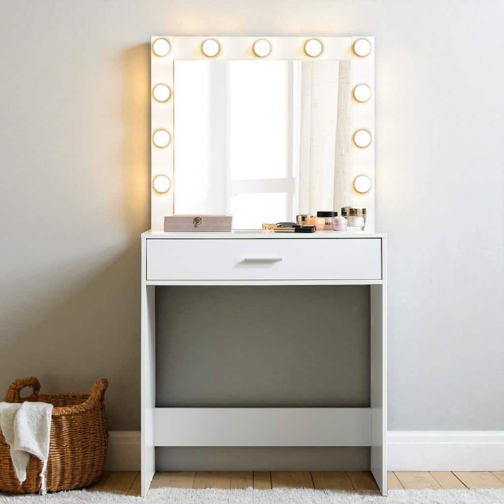 Makeup Vanity Desk with Mirror and LED Lights, Large Drawer, Adjustable Brightness and Storage Shelf