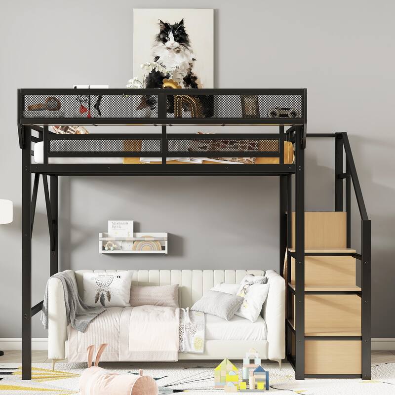 Full Loft Bed with Stairs, Metal High Loft Bed with Storage Shelves & Wardrobe for Kids Teens - Black