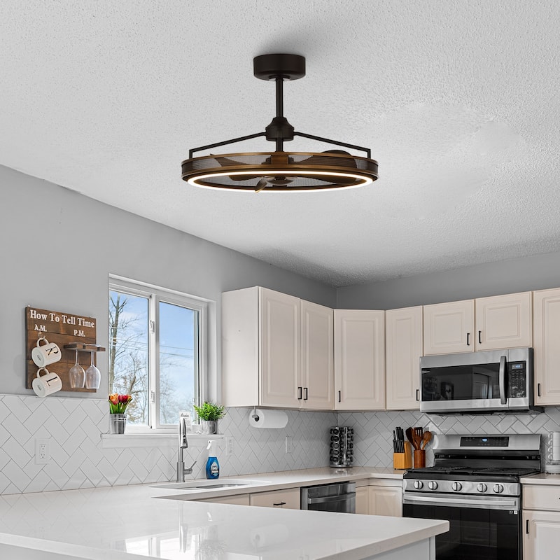 27-inch Industrial Bronze Mesh Caged Bladeless Ceiling Fan with LED Light and Remote