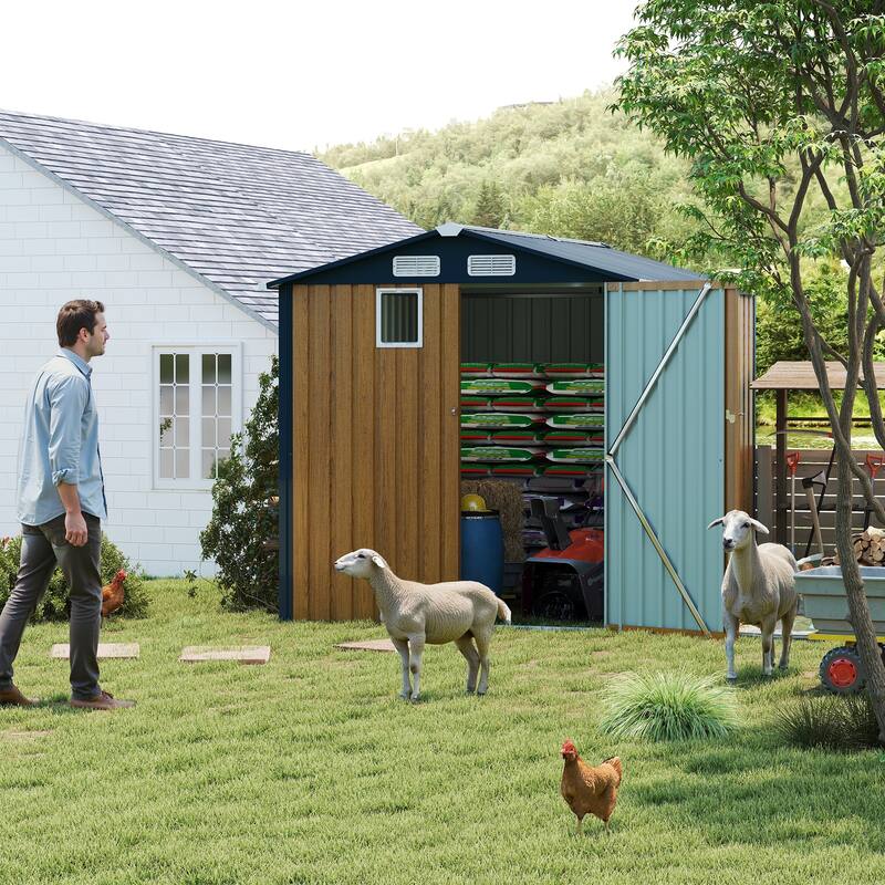 6x8FT Outdoor Steel Storage Shed with Clear Window, Lockable Doors, Compact Metal Tool Shed for Garden