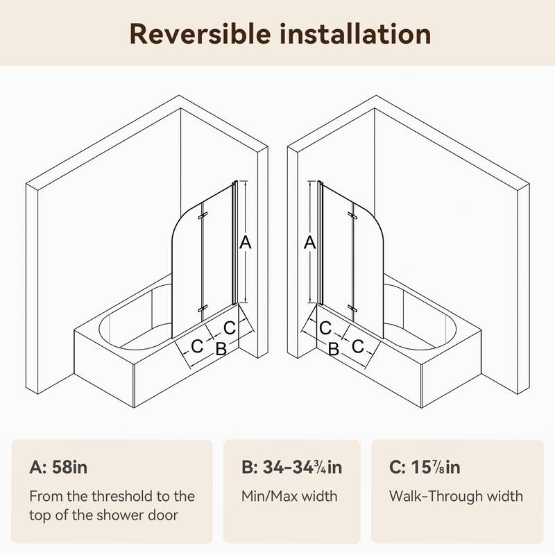 34" W x 58" H Frameless Folding Pivot Bathtub Shower Door, 1/4" Tempered Glass, Matte Black, Bifold Reversible Panel - 34x58"