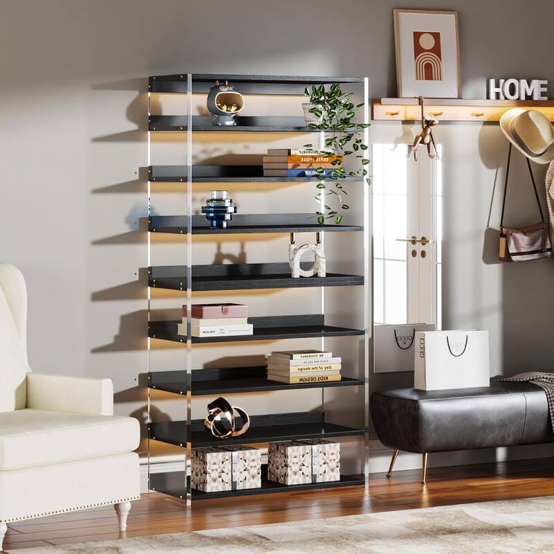 63" 8-Tier Acrylic Bookshelf, Modern Bookcase with Wood Shelves, Display Storage Rack for Living Room, Bedroom & Home Office