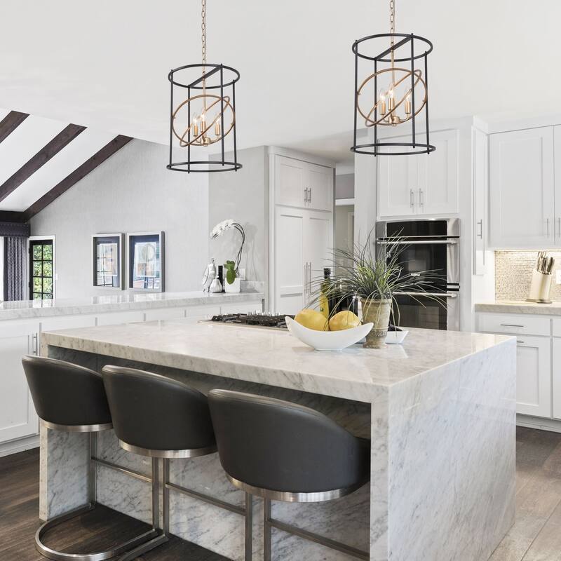 Modern 3-Light Black Gold Chandelier Cyliner Pendant for Kitchen Island - D14"x H17.7"