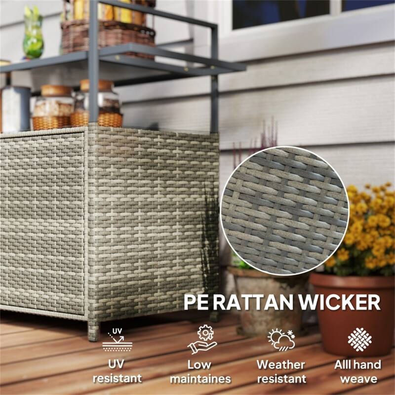 Outdoor Bar Cart PE Rattan Steel Tempered Glass Rolling Beverage Serving Cart with Storage - 51.25" W x 19.75" D x 35.5" H
