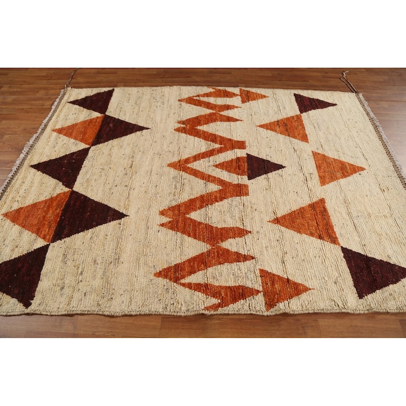 Hand Knotted Oriental 100% Wool Carpet Modern Geometric Beige & Ivories Moroccan Area Rug - 7' 9'' X 5' 9''
