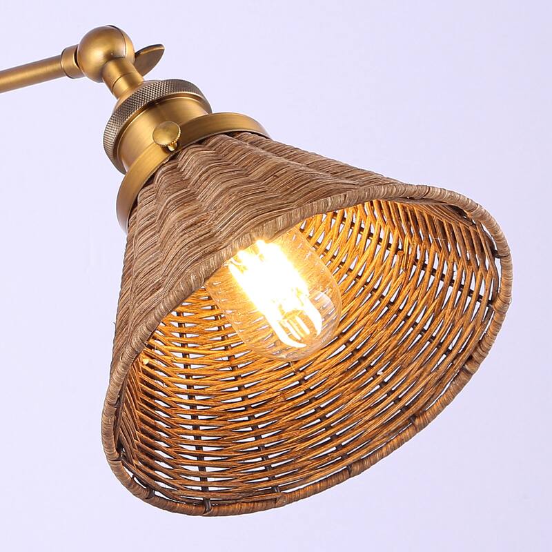 1-Light Farmhouse Brown Rattan Gold Brass Wall Swing Arm Lamp Wall Sconce