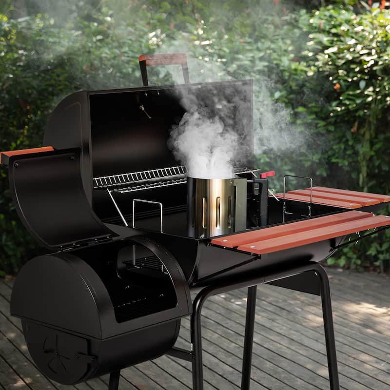 Royal Gourmet CC1830W Charcoal Grill with Offset Smoker,Wood-Painted Side Table and Front Table,Black