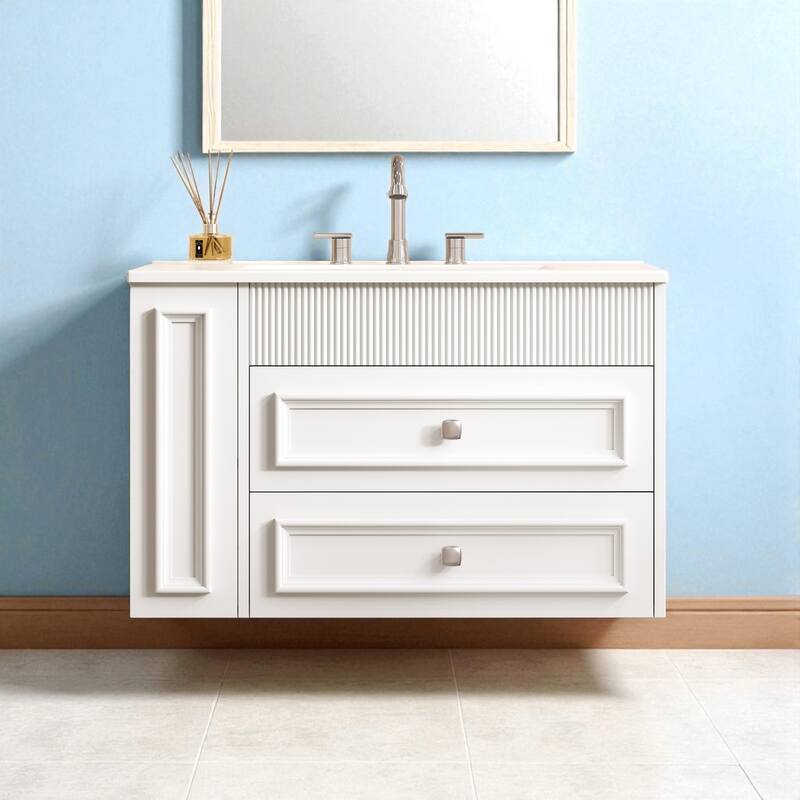 30" Wall Mounted Bathroom Vanity with Ceramic Sink and 2 Drawers, Modern Floating Storage Cabinet