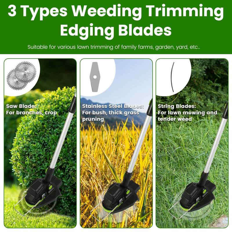 21V Cordless Brushless Grass Trimmer with 3 Blade Types and Adjustable Pole Dual Wheels - 7.68” x 4.33”