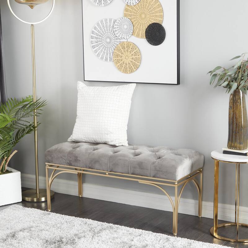 White, Black or Gray Velvet Tufted Home Bench with Gold Metal Legs