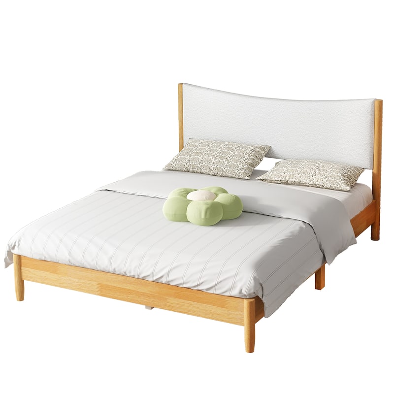 Queen Size, Solid Rubber Wooden Bed with Boucle Upholstered Headboard, Enhanced by Support Feet