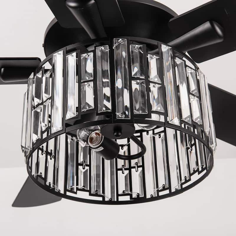 52" Matte Black Industrial Crystal Caged Downrod Mount Ceiling Fan with Remote and Light